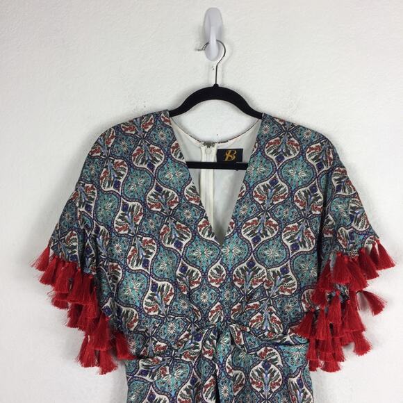 Anthropologie Sachin + Babi Maxi Dress Size 2 Tasseled Red Blue Abstract Satin - Picture 4 of 16